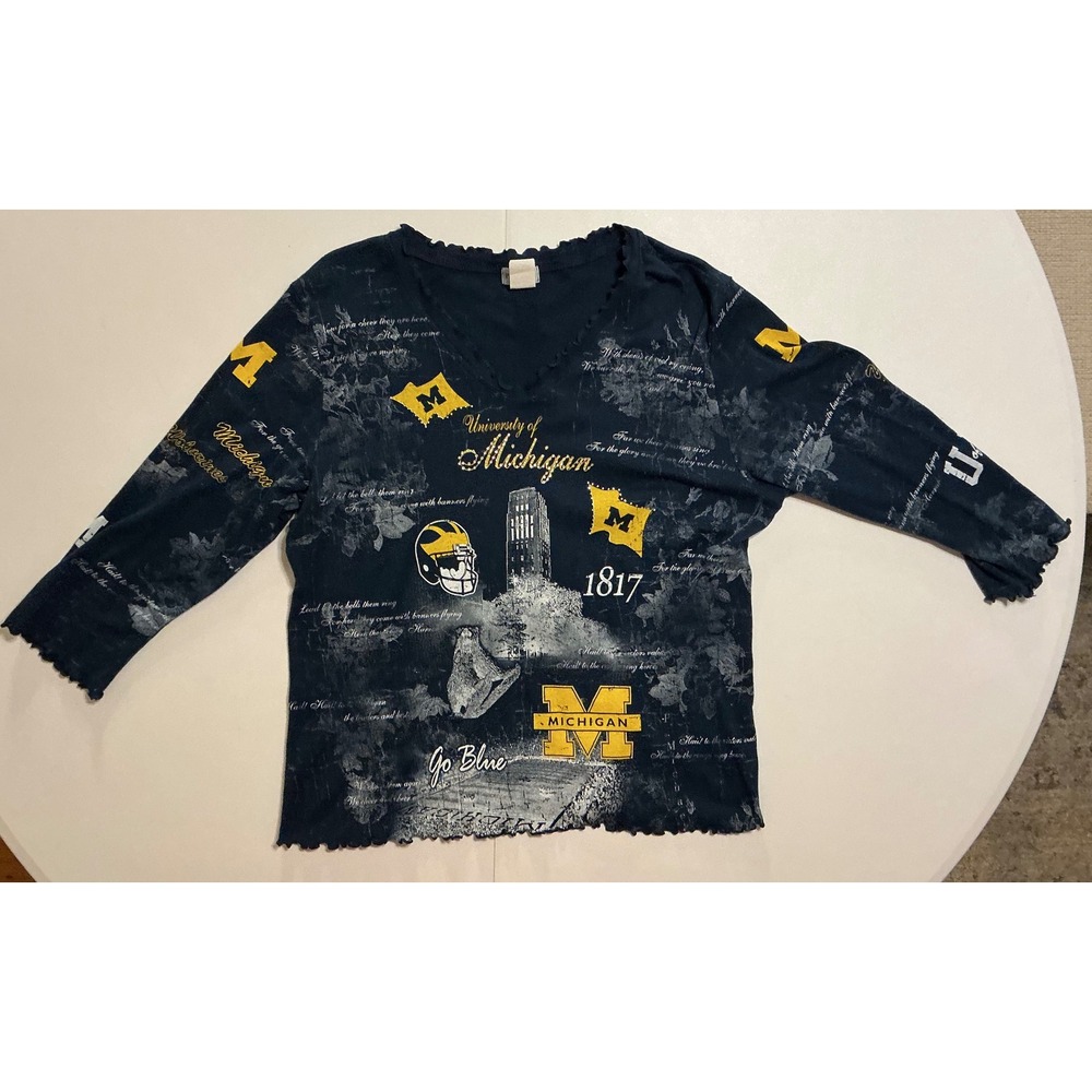 VTG USA Made University of Michigan Navy Blue All Over Print Lettuce Edge Top L